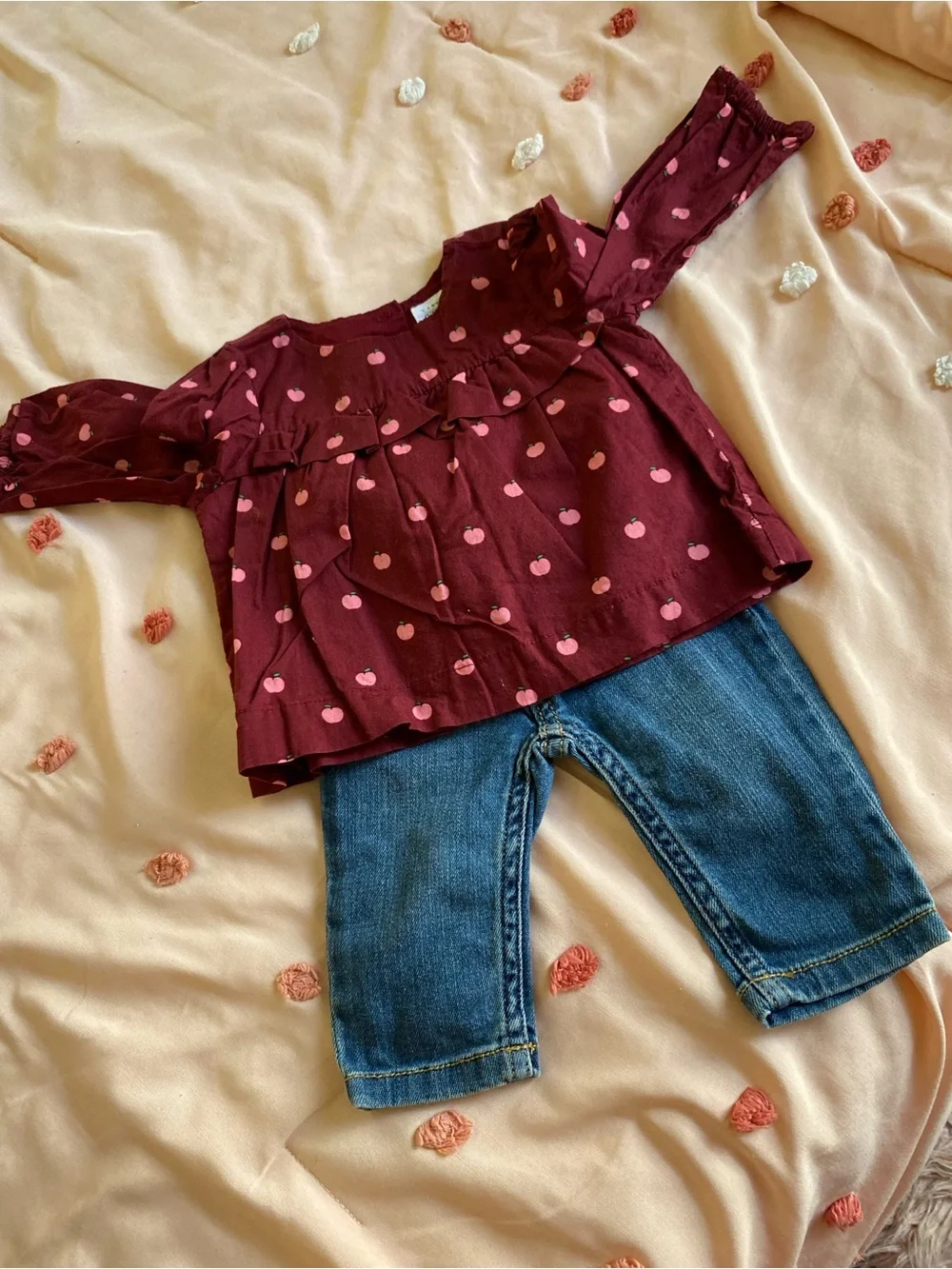 GAP Maroon Long-Sleeve Blouse with Pink apple Print and jeans
